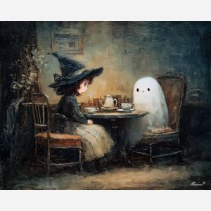 witch ghost tea,cozy magic,fantasy oil painting