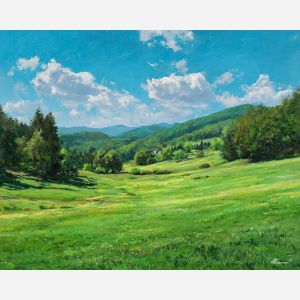 spring meadow,clear sky,oil painting