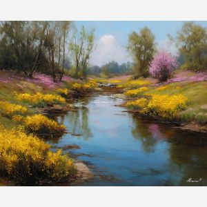 spring river,flowers water,oil painting