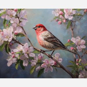 finch,bird portrait,flowering branches,oil painting,spring bird,nature art,soft colors,feather detail,peaceful scene