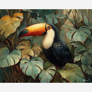 toucan bird,tropical foliage,colorful beak,oil painting