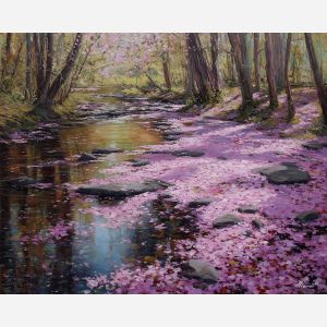 spring riverbank,flower petals,oil painting