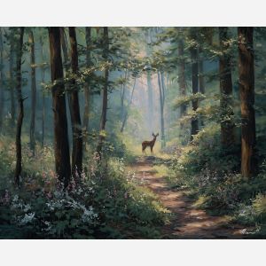 spring deer,forest path,oil painting