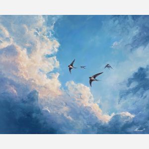swallows,birds in flight,open sky,oil painting,flight motion,nature art,soft clouds,avian movement,peaceful scene,realistic birds,light atmosphere,sky composition,freedom mood