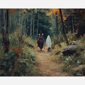 witch ghost forest,path walk,fantasy