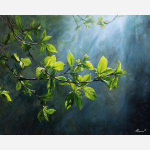 spring leaves,morning glow,oil painting