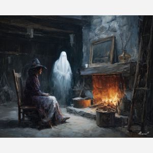 witch ghost fireplace,cozy magic,oil painting