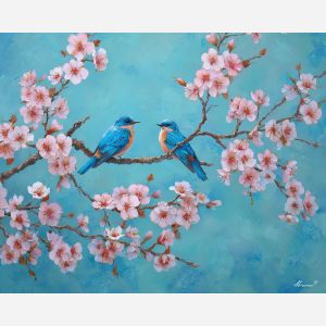 spring birds,blossom branch,oil painting