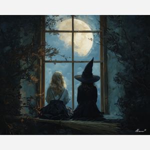 witch ghost moon,window scene,soft fantasy