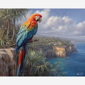 macaw bird,tropical coast,colorful feathers,oil painting