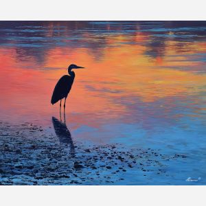 heron bird,wetlands dusk,quiet stance,oil painting