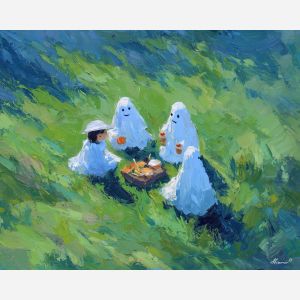 warm, ghost, cute ghost, happy ghost, cartoon ghost, friendly spirit, palette knife, oil painting, impasto, textured surface, playful art, childlike illustration, daylight scene, park scene, whimsical, simple shapes, soft colors