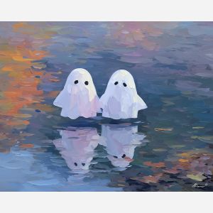 sweet, dream, cute ghost, happy ghost, cartoon ghost, friendly spirit, palette knife, oil painting, impasto, textured surface, playful art, childlike illustration, daylight scene, park scene, whimsical, simple shapes, soft colors