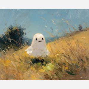 calm, light, cute ghost, happy ghost, cartoon ghost, friendly spirit, palette knife, oil painting, impasto, textured surface, playful art, childlike illustration, daylight scene, park scene, whimsical, simple shapes, soft colors