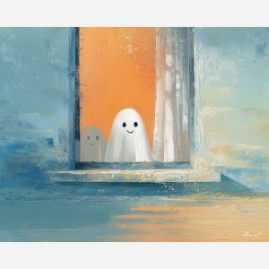 fun, lake, cute ghost, happy ghost, cartoon ghost, friendly spirit, palette knife, oil painting, impasto, textured surface, playful art, childlike illustration, daylight scene, park scene, whimsical, simple shapes, soft colors