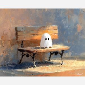 calm, float, cute ghost, happy ghost, cartoon ghost, friendly spirit, palette knife, oil painting, impasto, textured surface, playful art, childlike illustration, daylight scene, park scene, whimsical, simple shapes, soft colors