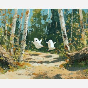 floating, stroll, cute ghost, happy ghost, cartoon ghost, friendly spirit, palette knife, oil painting, impasto, textured surface, playful art, childlike illustration, daylight scene, park scene, whimsical, simple shapes, soft colors