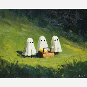 light, picnic, cute ghost, happy ghost, cartoon ghost, friendly spirit, palette knife, oil painting, impasto, textured surface, playful art, childlike illustration, daylight scene, park scene, whimsical, simple shapes, soft colors