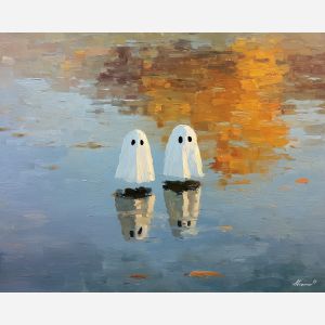 soft, picnic, cute ghost, happy ghost, cartoon ghost, friendly spirit, palette knife, oil painting, impasto, textured surface, playful art, childlike illustration, daylight scene, park scene, whimsical, simple shapes, soft colors