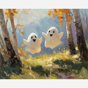 sunny, game, cute ghost, happy ghost, cartoon ghost, friendly spirit, palette knife, oil painting, impasto, textured surface, playful art, childlike illustration, daylight scene, park scene, whimsical, simple shapes, soft colors