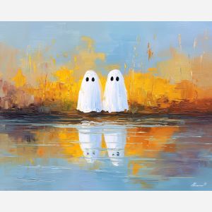 cheerful, lake, cute ghost, happy ghost, cartoon ghost, friendly spirit, palette knife, oil painting, impasto, textured surface, playful art, childlike illustration, daylight scene, park scene, whimsical, simple shapes, soft colors
