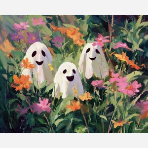 smiling, joy, cute ghost, happy ghost, cartoon ghost, friendly spirit, palette knife, oil painting, impasto, textured surface, playful art, childlike illustration, daylight scene, park scene, whimsical, simple shapes, soft colors