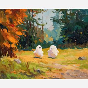 friendly, moment, cute ghost, happy ghost, cartoon ghost, friendly spirit, palette knife, oil painting, impasto, textured surface, playful art, childlike illustration, daylight scene, park scene, whimsical, simple shapes, soft colors