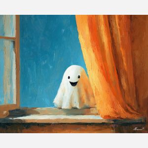 cheerful, room, cute ghost, happy ghost, cartoon ghost, friendly spirit, palette knife, oil painting, impasto, textured surface, playful art, childlike illustration, daylight scene, park scene, whimsical, simple shapes, soft colors