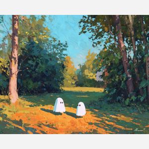 calm, park, cute ghost, happy ghost, cartoon ghost, friendly spirit, palette knife, oil painting, impasto, textured surface, playful art, childlike illustration, daylight scene, park scene, whimsical, simple shapes, soft colors