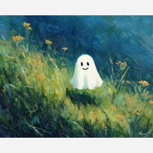 sweet, hide, cute ghost, happy ghost, cartoon ghost, friendly spirit, palette knife, oil painting, impasto, textured surface, playful art, childlike illustration, daylight scene, park scene, whimsical, simple shapes, soft colors