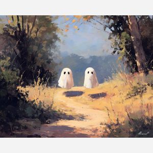 light, park, cute ghost, happy ghost, cartoon ghost, friendly spirit, palette knife, oil painting, impasto, textured surface, playful art, childlike illustration, daylight scene, park scene, whimsical, simple shapes, soft colors