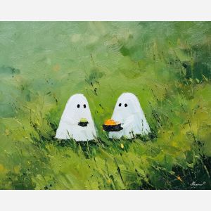 calm, friends, cute ghost, happy ghost, cartoon ghost, friendly spirit, palette knife, oil painting, impasto, textured surface, playful art, childlike illustration, daylight scene, park scene, whimsical, simple shapes, soft colors