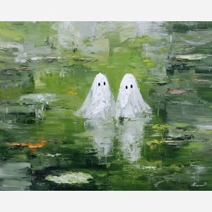 playful, meadow, cute ghost, happy ghost, cartoon ghost, friendly spirit, palette knife, oil painting, impasto, textured surface, playful art, childlike illustration, daylight scene, park scene, whimsical, simple shapes, soft colors