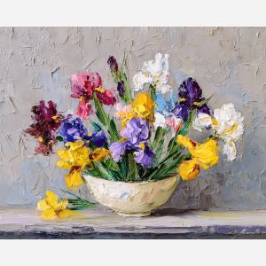 bright, blooms, irises, flowers on table, still life, floral art, palette knife, oil painting, impasto, textured surface, colorful flowers, vase, tabletop, bright colors, modern still life, painterly style, decorative art