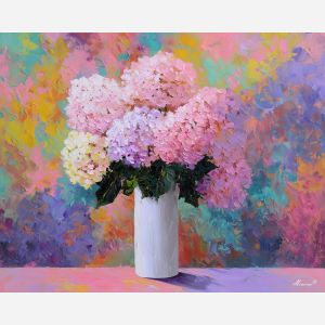 sunlit, blooms, hydrangeas, flowers on table, still life, floral art, palette knife, oil painting, impasto, textured surface, colorful flowers, vase, tabletop, bright colors, modern still life, painterly style, decorative art