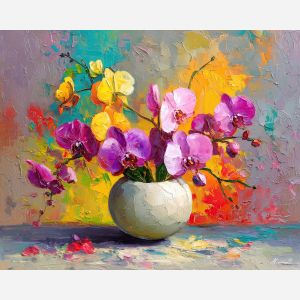 full, bouquet, orchids, flowers on table, still life, floral art, palette knife, oil painting, impasto, textured surface, colorful flowers, vase, tabletop, bright colors, modern still life, painterly style, decorative art