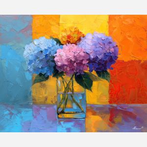 radiant, vase, hydrangeas, flowers on table, still life, floral art, palette knife, oil painting, impasto, textured surface, colorful flowers, tabletop, bright colors, modern still life, painterly style, decorative art