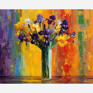 radiant, arrangement, irises, flowers on table, still life, floral art, palette knife, oil painting, impasto, textured surface, colorful flowers, vase, tabletop, bright colors, modern still life, painterly style, decorative art
