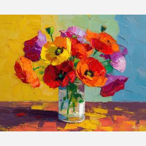 warm, table, poppies, flowers on table, still life, floral art, palette knife, oil painting, impasto, textured surface, colorful flowers, vase, tabletop, bright colors, modern still life, painterly style, decorative art