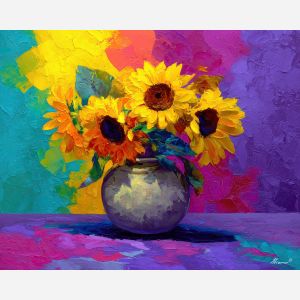 warm, moment, sunflowers, flowers on table, still life, floral art, palette knife, oil painting, impasto, textured surface, colorful flowers, vase, tabletop, bright colors, modern still life, painterly style, decorative art