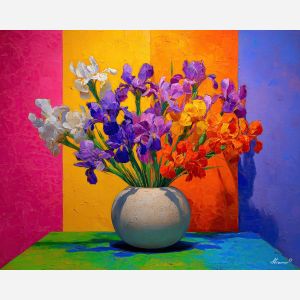 soft, moment, irises, flowers on table, still life, floral art, palette knife, oil painting, impasto, textured surface, colorful flowers, vase, tabletop, bright colors, modern still life, painterly style, decorative art