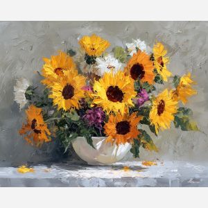 painted, bouquet, sunflowers, flowers on table, still life, floral art, palette knife, oil painting, impasto, textured surface, colorful flowers, vase, tabletop, bright colors, modern still life, painterly style, decorative art