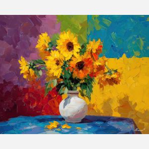 playful, table, sunflowers, flowers on table, still life, floral art, palette knife, oil painting, impasto, textured surface, colorful flowers, vase, tabletop, bright colors, modern still life, painterly style, decorative art