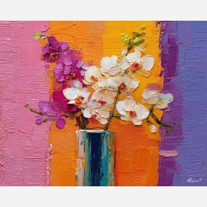soft, colors, orchids, flowers on table, still life, floral art, palette knife, oil painting, impasto, textured surface, colorful flowers, vase, tabletop, bright colors, modern still life, painterly style, decorative art