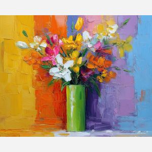 gentle, bouquet, lilies, flowers on table, still life, floral art, palette knife, oil painting, impasto, textured surface, colorful flowers, vase, tabletop, bright colors, modern still life, painterly style, decorative art