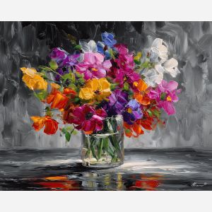 vivid, colors, wildflowers, flowers on table, still life, floral art, palette knife, oil painting, impasto, textured surface, colorful flowers, vase, tabletop, bright colors, modern still life, painterly style, decorative art