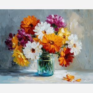 radiant, petals, daisies, flowers on table, still life, floral art, palette knife, oil painting, impasto, textured surface, colorful flowers, vase, tabletop, bright colors, modern still life, painterly style, decorative art