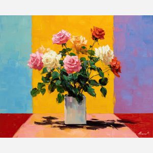 gentle, blooms, roses, flowers on table, still life, floral art, palette knife, oil painting, impasto, textured surface, colorful flowers, vase, tabletop, bright colors, modern still life, painterly style, decorative art