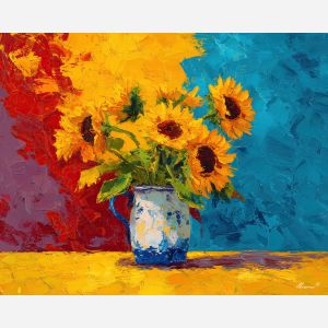 gentle, moment, sunflowers, flowers on table, still life, floral art, palette knife, oil painting, impasto, textured surface, colorful flowers, vase, tabletop, bright colors, modern still life, painterly style, decorative art