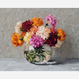 blooming, colors, carnations, flowers on table, still life, floral art, palette knife, oil painting, impasto, textured surface, colorful flowers, vase, tabletop, bright colors, modern still life, painterly style, decorative art